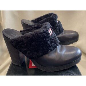 Hunter Bruson Size 9 Platform Clogs Mules Genuine Black Leather & Sheepskin